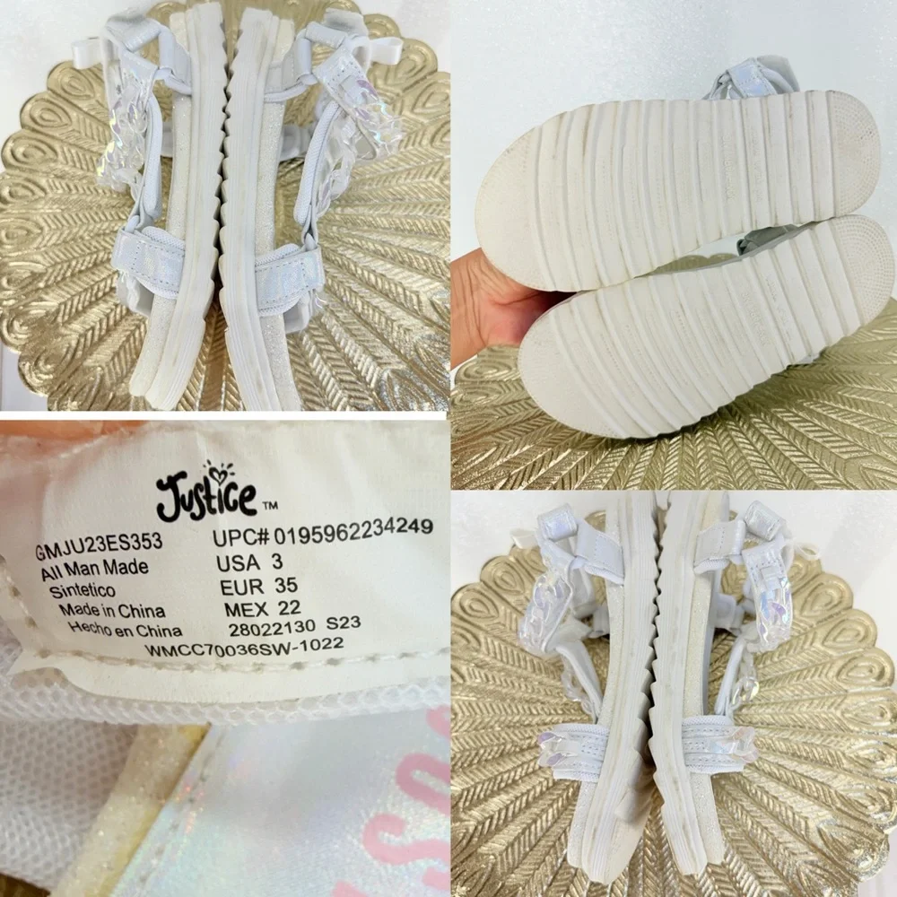 Justice‎ Girls Sandals Size 3 White Iridescent Chain Platform NWOT